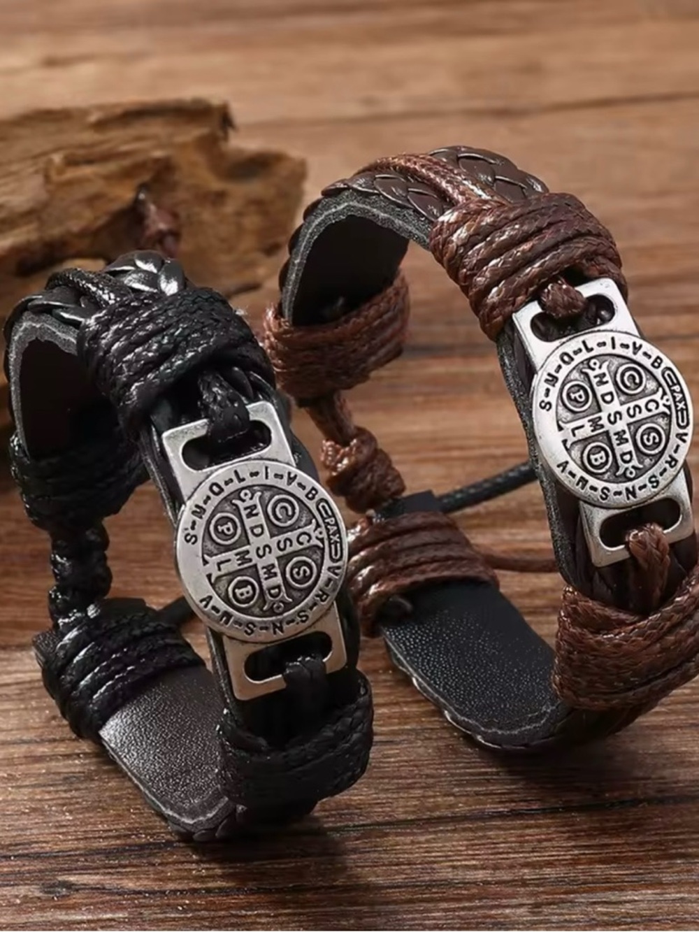 Men's Brown and Black Braided Leather Bracelet with Silver St Benito  Medal 8.5”